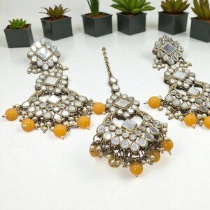 Pakistan Bridal Wedding Wear Yellow Kundan Earrings Set